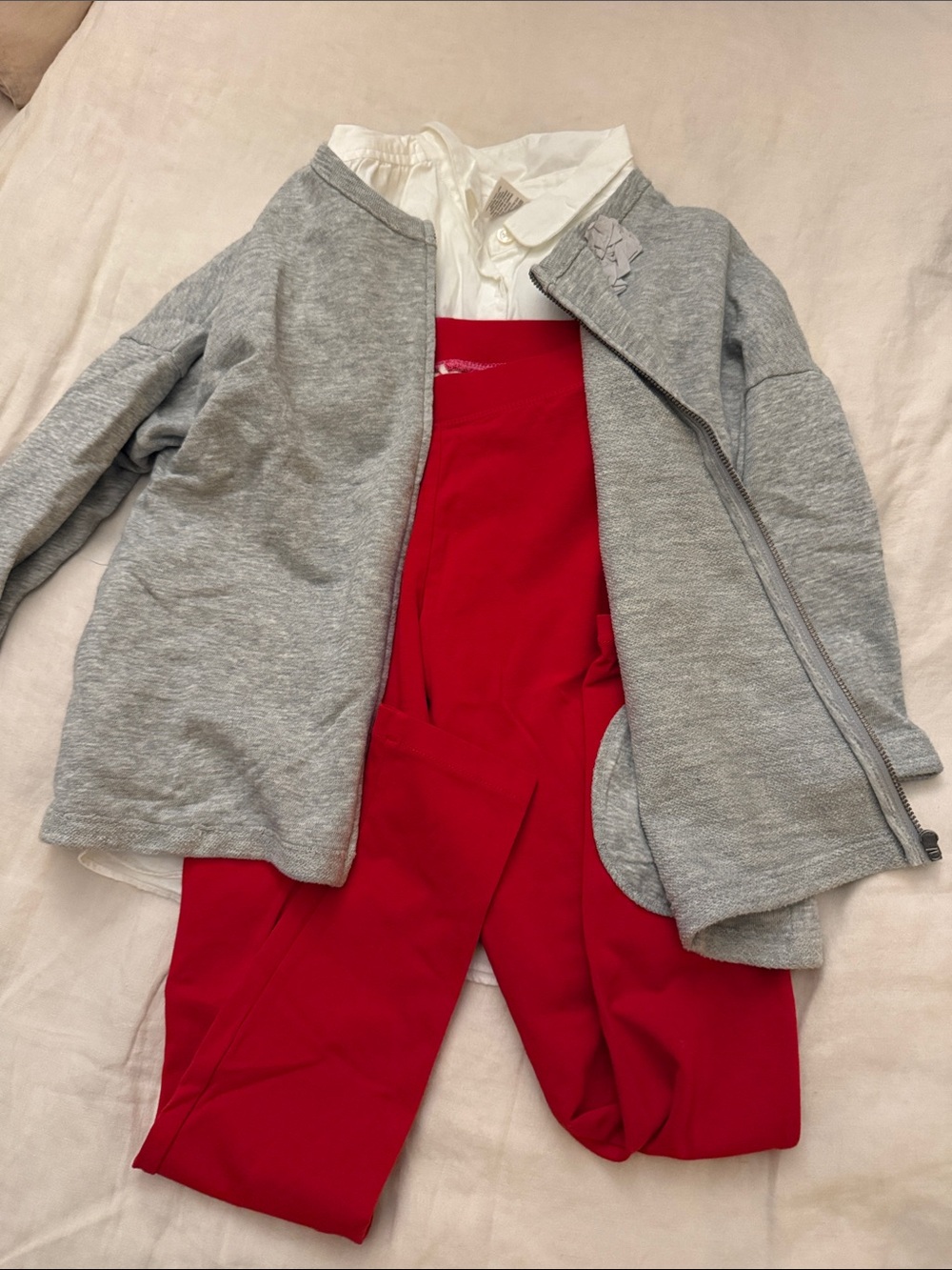 Crewcuts Girls Gray Zip Jacket, white button shirt with Red Leggings Set size 8